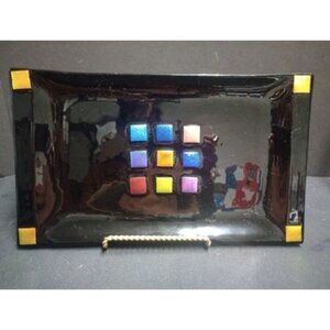 Mid Century Murano Styled Black And Fused Glass 15 In Art Glass Platter